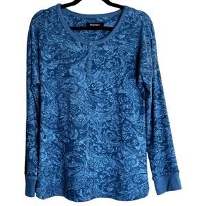 Ellen Tracy Top Blouse Women Medium Blue Paisley Long Sleeve Pullover Henley